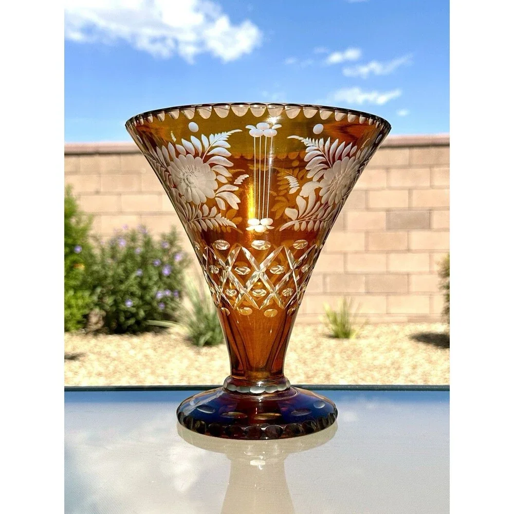 Vintage Bohemian Amber Flash Cut to Clear Glass Vase " Floral Engraved Czech - Picture 6 of 16
